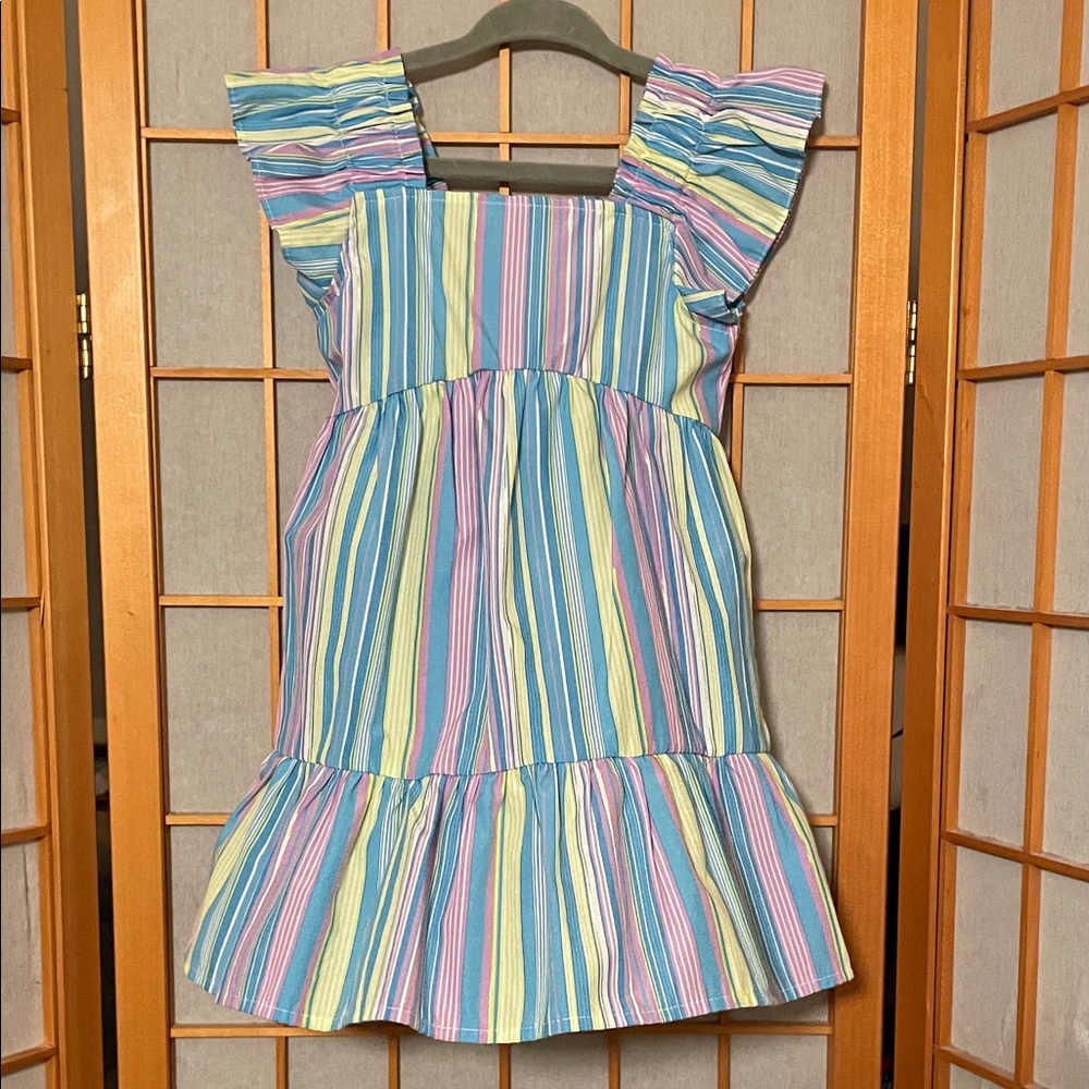 Counting Daisies Girls' 2T Pastel Pink Blue Stripe Ruffle-Sleeve Tiered Dress